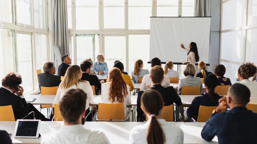 An speaker engaging in a presentation.